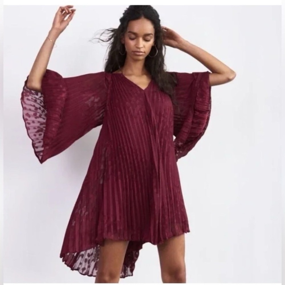 Anthropologie Wine Pleated High-Low Bell-Sleeve Dress Medium